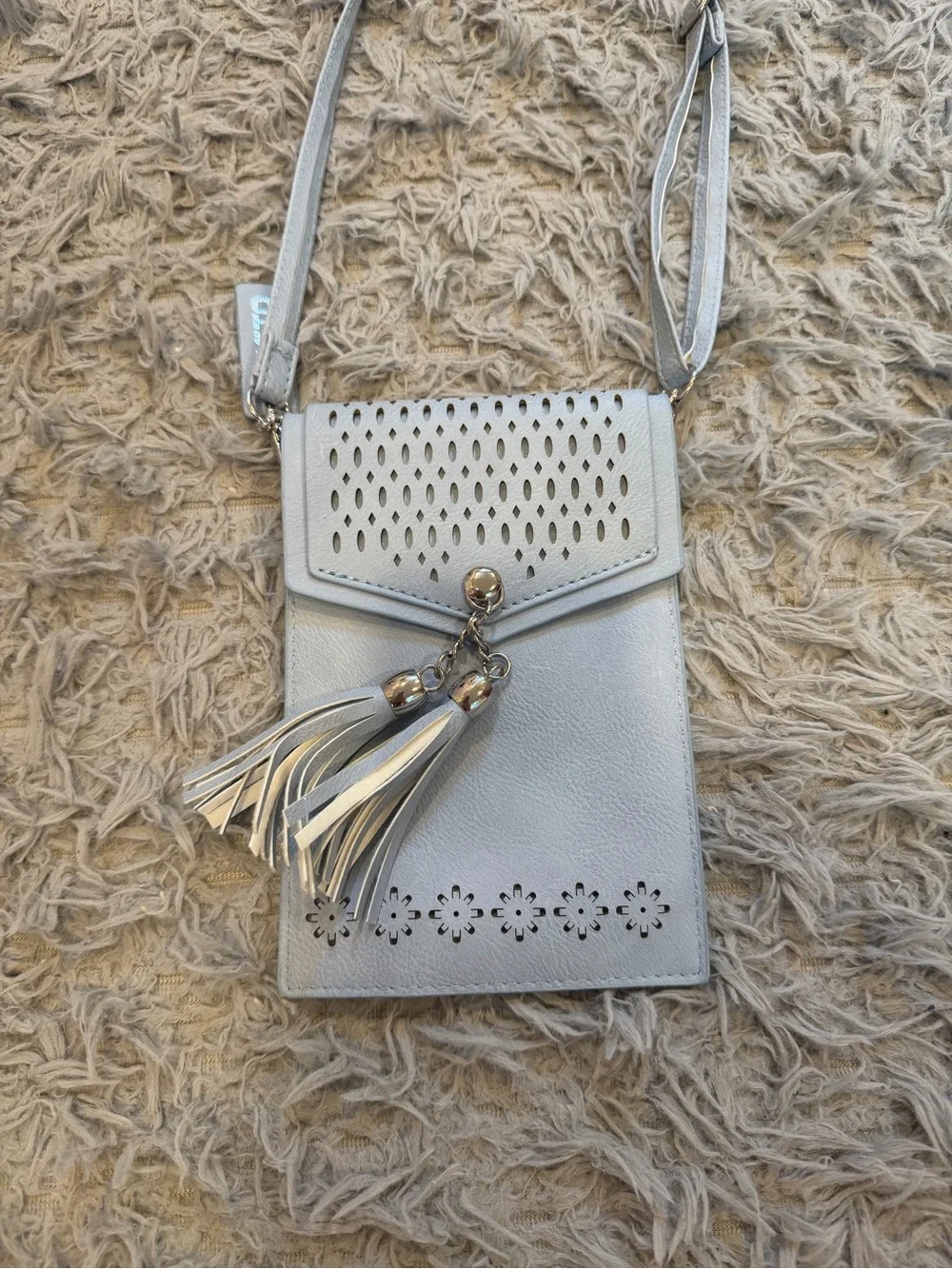Light Gray Crossbody Phone Bag with Tassel Detail